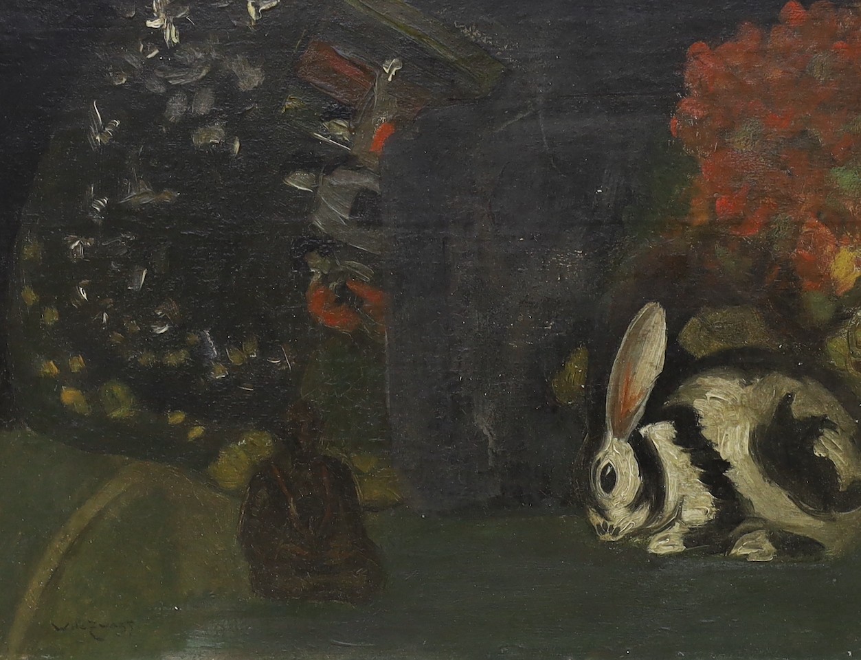 Willem de Zwart (1862-1931), oil on canvas, Still life with black and white rabbit, signed, 35 x 45cm